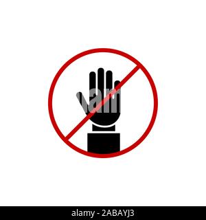 STOP! No entry! Red stop hand sign for prohibited activities. Stop hand Vector illustration, stop hand red badge, stop hand icon, black stop hand pict Stock Vector
