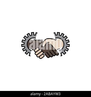 handshake and gears vector color icon, sign, symbol. task relation Stock Vector
