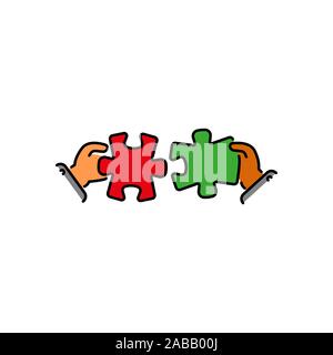 puzzles connect in hands color vector icon, sign, symbol. Business matching concept. Connecting elements puzzle in hand businessman. Working together Stock Vector