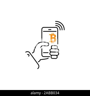 Bitcoin digital wallet color icon. E-payment. Cryptocurrency. Hand holding smartphone with bitcoin sign. Digital money transaction app. Isolated vecto Stock Vector