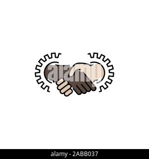 handshake and gears vector color icon, sign, symbol. task relation Stock Vector