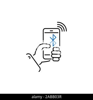 smartphone in hand and the inscription bluetooth line, linear vector icon, sign, symbol. network bluetooth Stock Vector