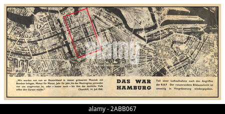 WW2 UK RAF Propaganda Leaflet drop dropped on Germany by the RAF following a devastating series of air attacks on Hamburg In July 1943. Over a period of four days, the bombers used a combination of incendiary and high explosive bombs to devastate the city, killing some 30,000 people. The leaflet is entitled “This Was Hamburg,” and illustrates “part of an aerial view of the attacks of the RAF. The red-bordered image section is reproduced in enlargement.” The leaflet includes a paraphrase from Churchill’s famous speech “You do your worst and we will do our best' Stock Photo