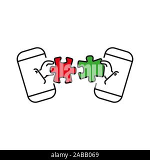 puzzles connect in hands from smartphone color vector icon, sign, symbol. Business matching concept. Connecting elements puzzle in hand businessman. W Stock Vector