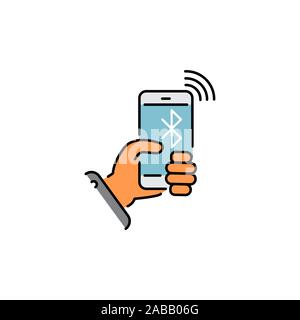 smartphone in hand and the inscription bluetooth color vector icon, sign, symbol. network bluetooth Stock Vector