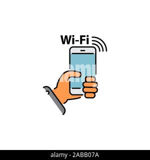 smartphone in hand and the inscription Wi-Fi color vector icon, sign, symbol. network Wi-Fi Stock Vector