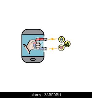 social and media influence vector color icon. hand with a magnet in a smartphone Stock Vector