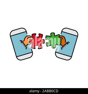 puzzles connect in hands from smartphone color vector icon, sign, symbol. Business matching concept. Connecting elements puzzle in hand businessman. W Stock Vector