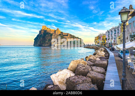 Ischia island and Aragonese medieval castle or Ischia Ponte. Travel destination near Naples in Campania, Italy. Europe. Stock Photo