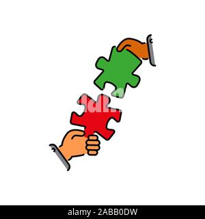 puzzles connect in hands color vector icon, sign, symbol. Business matching concept. Connecting elements puzzle in hand businessman. Working together Stock Vector