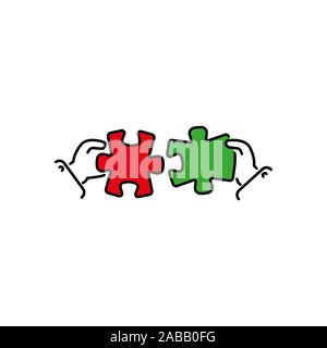 puzzles connect in hands color vector icon, sign, symbol. Business matching concept. Connecting elements puzzle in hand businessman. Working together Stock Vector