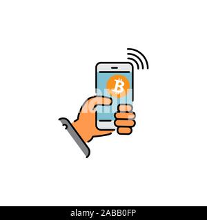 Bitcoin digital wallet color icon. E-payment. Cryptocurrency. Hand holding smartphone with bitcoin sign. Digital money transaction app. Isolated vecto Stock Vector