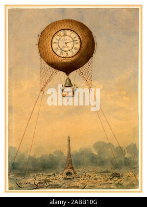 1889 Paris Exposition Vintage Hot Air Balloon Captive balloon with clock face and bell, floating above the Eiffel Tower, Paris, France by Camille Grávis., balloon hot air balloon paris,  france,  historic, drawing, illustration, poster, world exposition clock promotion Paris Stock Photo