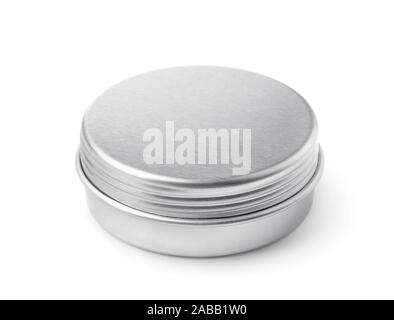 Closed blank metal round container isolated on white Stock Photo