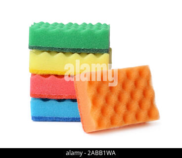 Stack of colorful plasdtic dishwashing sponges isolated on white Stock Photo
