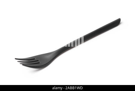 Black disposable plastic fork isolated on white Stock Photo