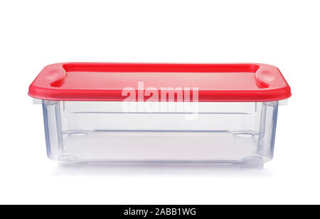 Front view of empty plastic food container with red lid isolated on white Stock Photo