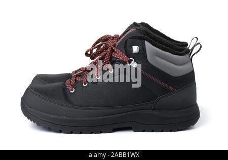 Side view of black waterproof hiking boots isolated on white Stock Photo