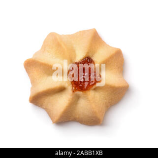 Top view of single shortbread cookie with jam isolated on white Stock Photo