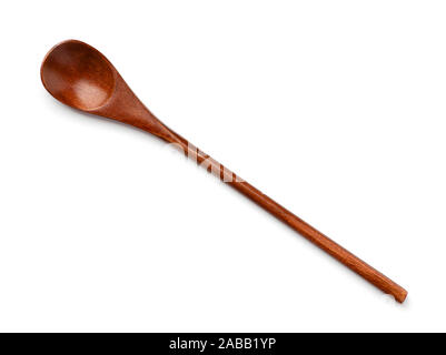 Top view of brown wooden spoon isolated on white Stock Photo