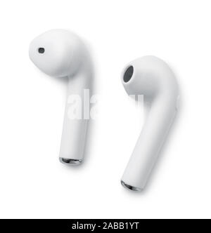Pair of white bluetooth true wireless earbuds isolated on white Stock Photo