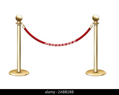 Vector realistic golden barrier rope barrier with red velvet rope. Stock Vector