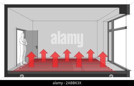 3d illustration of  empty room with door and tall french window and standing man in the opened door and floor heating Stock Vector