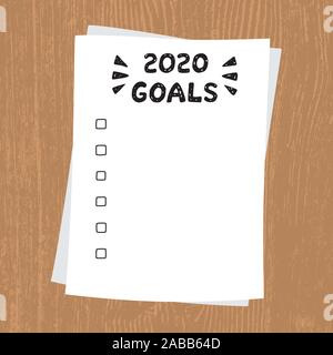 2020 New Year, Goals. Clipboard with white sheet. Text on paper on wooden background, written by hand. Lettering 2020 GOALS. Stock Vector