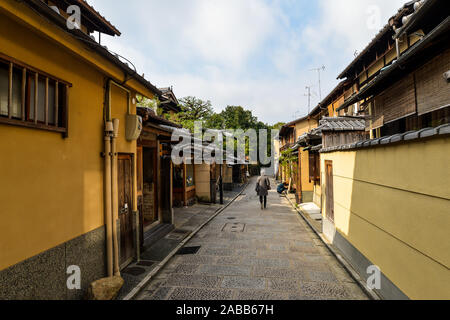 Kyoto, Japan - 10/30/19 - People in the old streets around the Kiyomizu-dera temple complex.