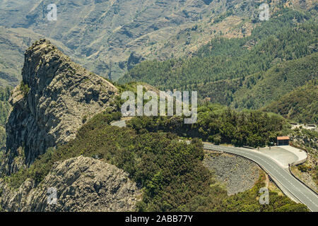 Aerial view of Los Roques - cult place near Garajonay national park at La Gomera. Old volcanoes. Thickets of relic laurels and heather on steep green Stock Photo