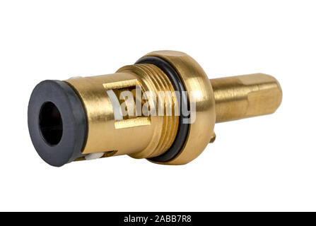 Brass faucet parts cartridge for water valve isolated on white background Stock Photo