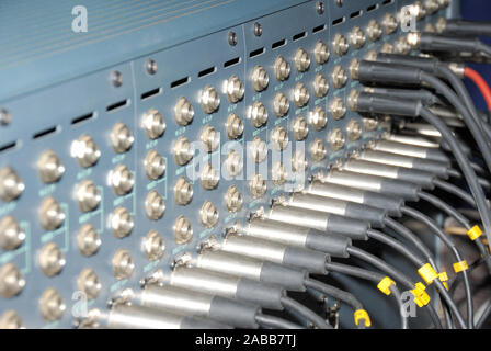 Mixing Sockets. Connections of a sound equipment proffesional xlr audio patch panel. Stock Photo