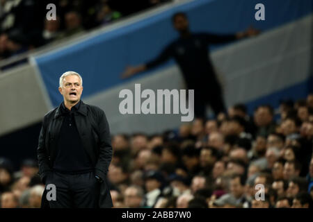 Tottenham Hotspur Stadium, London, UK. 26th Nov, 2019. UEFA Champions League Football, Tottenham Hotspur versus Olympiacos; A dejected Tottenham Hotspur Manager Jose Mourinho as Youssef El Arabi of Olympiakos scores for 0-1 in the 6th minute - Editorial Use Credit: Action Plus Sports/Alamy Live News Credit: Action Plus Sports Images/Alamy Live News Stock Photo