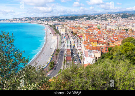 View from the Castle Hill Park of the Bay of Angels, Promenade des Anglais, Old Town and the city of Nice France on the French Riviera. Stock Photo