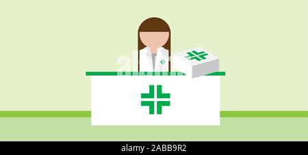 Pharmacist with white coat standing in front of a desk with medicines, copy space at both side of the box Stock Vector