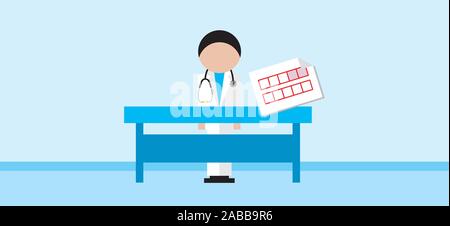 Illustration of a doctor with white coat standing behind a desk with prescription over a blue empty background, copy space at both side of the box Stock Vector