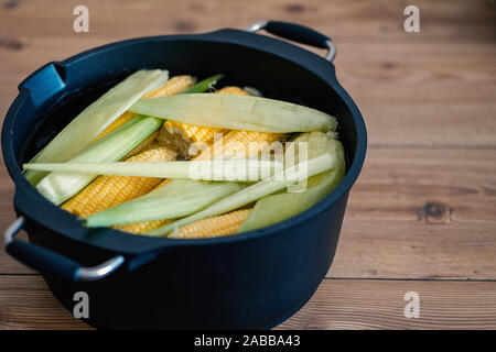 Cooked corn on the Cob. Golden colored boiled corn on the cob Stock Photo