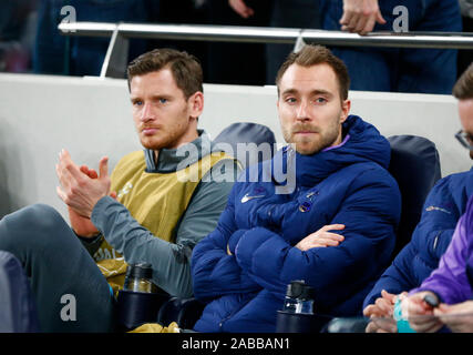 London, UK. 26th November, 2019. London, UK. 26th Nov, 2019. L-R Tottenham Hotspur's Jan Vertonghen and Tottenham Hotspur's Christian Eriksen during Champion League Group B between Tottenham Hotspur and Olympiakos at Tottenham Hotspur Stadium, London, England on 26 November 2019 Credit: Action Foto Sport/Alamy Live News Stock Photo