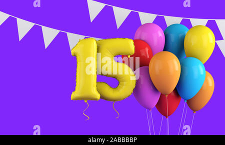 Happy 15th birthday colorful party balloons and bunting. 3D Render Stock Photo