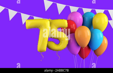 Happy 75th birthday colorful party balloons and bunting. 3D Render Stock Photo