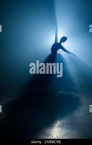 Solo performance by ballerina in tutu against backdrop of luminous spotlight  Stock Photo