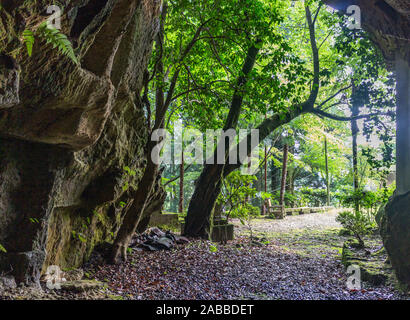 View from inside cave looking out into sunlit path and forest. Hanibe caves complex, Komatsu, Ishikawa Prefecture, Japan. Stock Photo