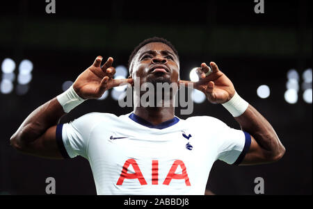 Tottenham Hotspur's Serge Aurier celebrates scoring his side's third goal of the game during the UEFA Champions League Group B match at Tottenham Hotspur Stadium, London. Stock Photo