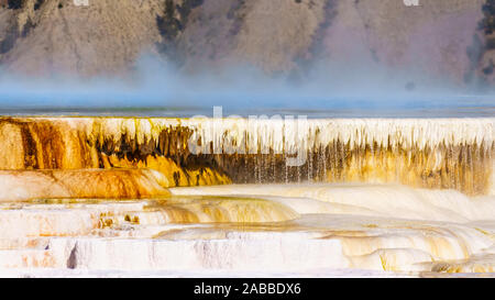 Steam coming off the blue colored mineral rich hot water of Canary Springs in the Mammoth Springs area of Yellowstone National Park, Wyoming, USA Stock Photo