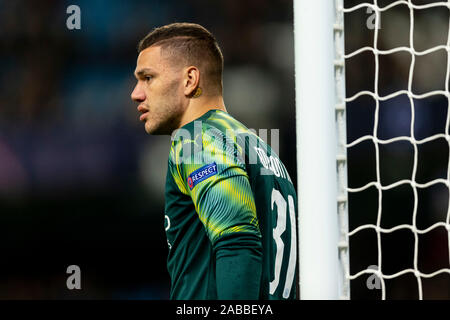 Manchester, UK. 26th Nov, 2019. Ederson of Manchester City during the UEFA Champions League Group C match between Manchester City and Shakhtar Donetsk at the Etihad Stadium on November 26th 2019 in Manchester, England. (Photo by Daniel Chesterton/phcimages.com) Credit: PHC Images/Alamy Live News Stock Photo