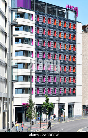 Moxy Hotel building brand of Marriot International colourful windows & hotel sign new build close to station Stratford Newham East London England UK Stock Photo