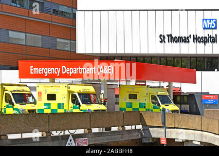 St Thomas NHS Hospital sign on building & A&E Accident and Emergency Department entrance London Ambulance  patient drop off Lambeth London England UK
