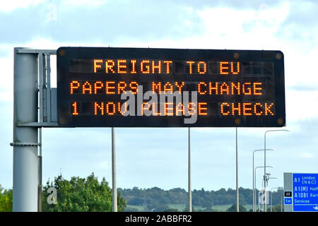 Single panel M25 motorway sign message to freight business lorry truck drivers to check EU paperwork ahead of Brexit rules changes London England UK Stock Photo