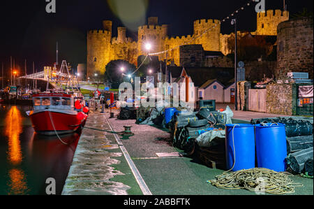 Nicola Faith Fishing Boat, Conwy Castle, and the River Conwy, Conwy, North Wales. Image taken in the Autumn of 2019. Stock Photo