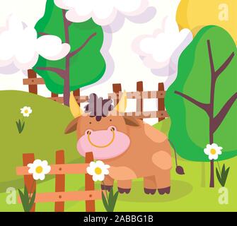 bull fence grass sun clouds farm animal cartoon vector illustration ...